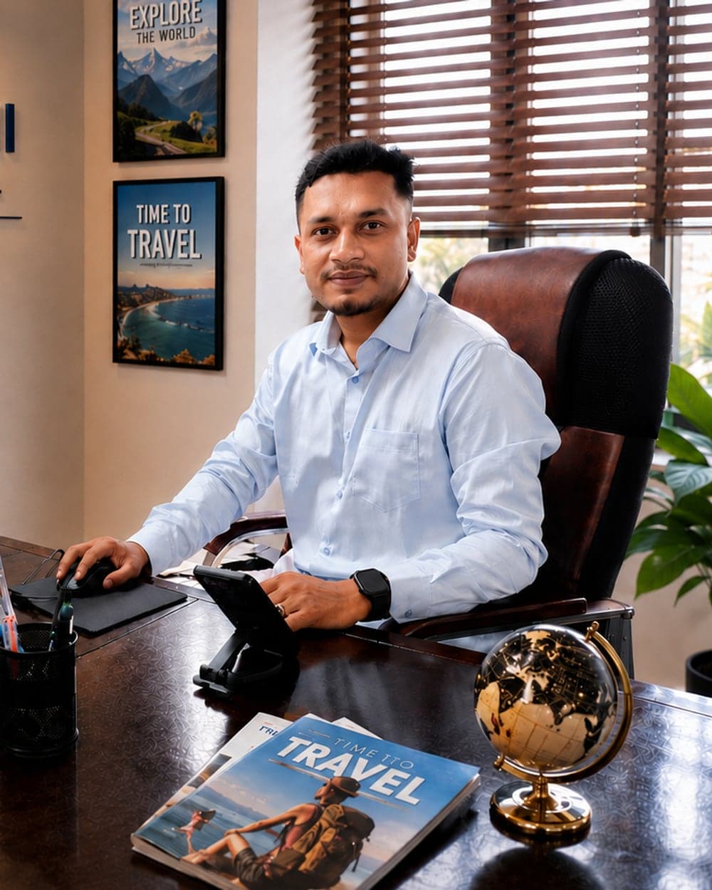 MD Hasanat, Chief Executive Officer of Al Fatehi International Travel Agency, at his desk beneath the travel agency logo